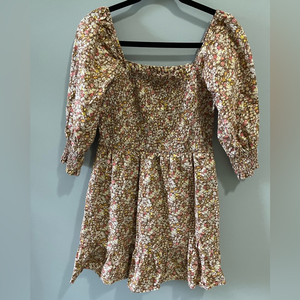 Sim & Sam 100% Cotton Rushed Bodice Ruffled Hem Long Puff Sleeve Peasant Dress L